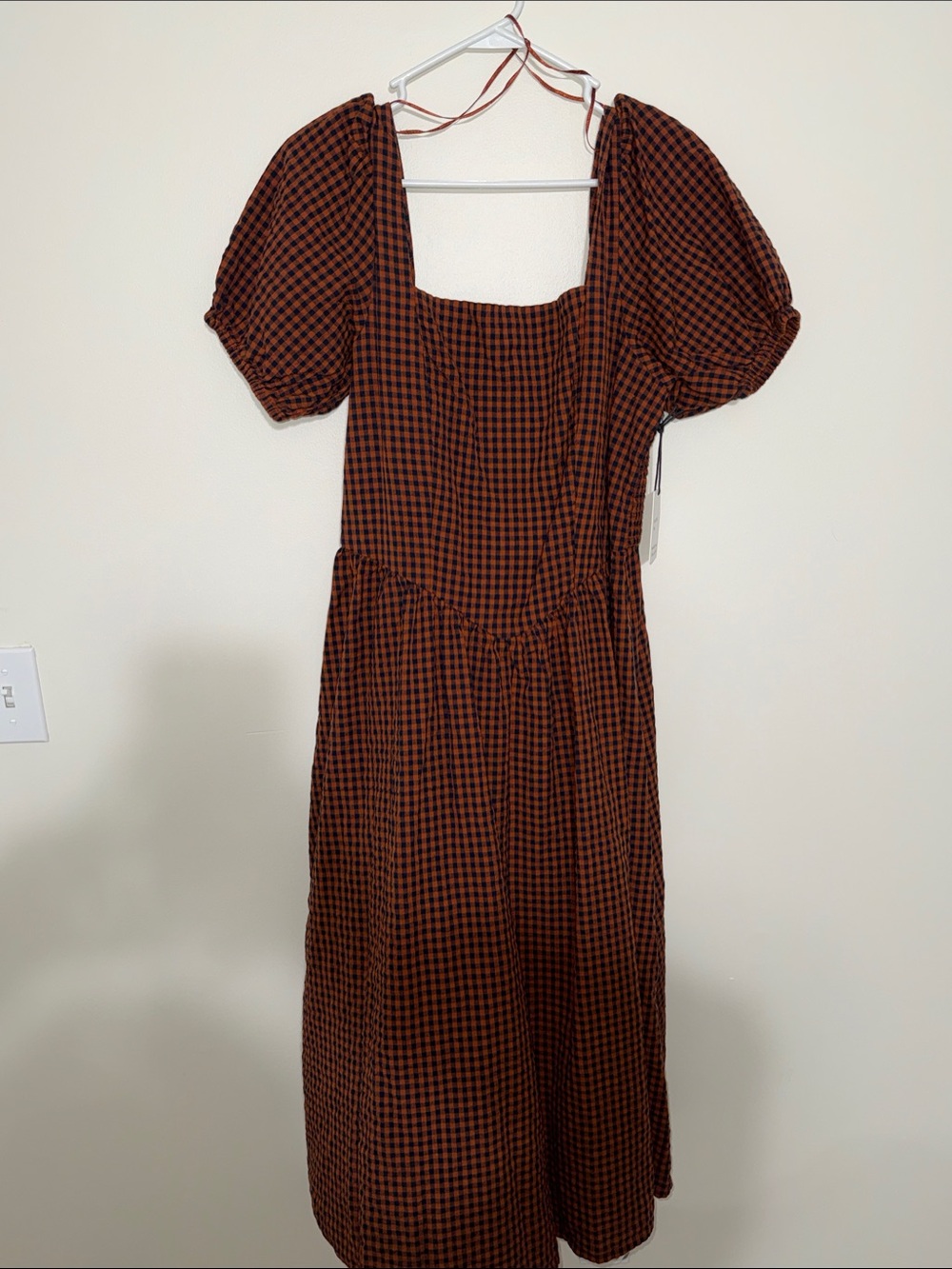 Joules Rust and Black Gingham Puff Sleeve Midi Dress